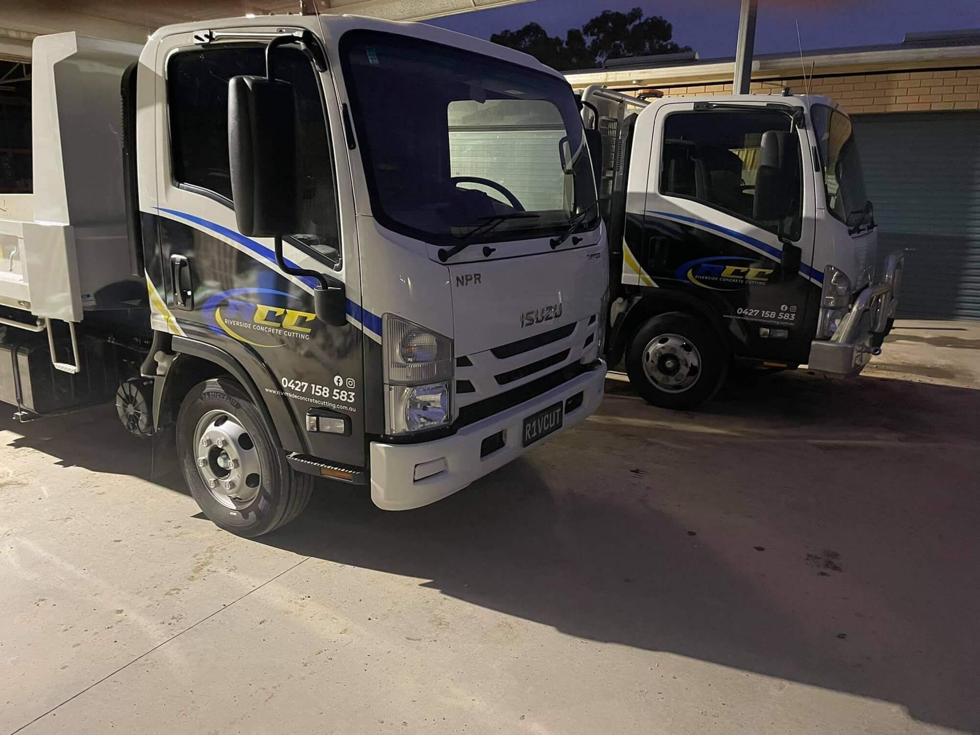 Riverside Concrete Cutting trucks loaded with saws and core rigs ready to leave the Bendigo yard
