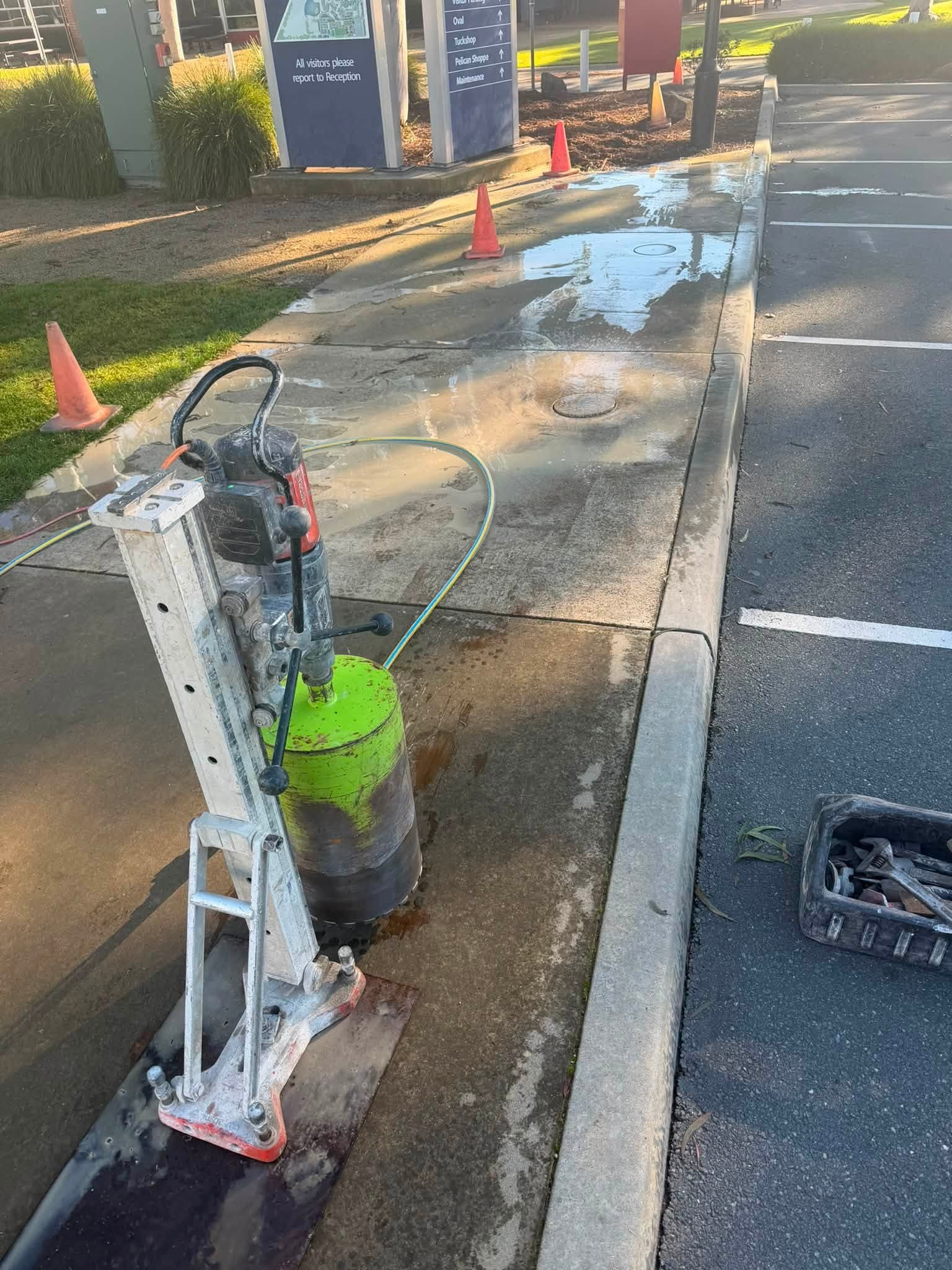 Core drilling rig set up on the footpath at Goulburn Valley Grammar School